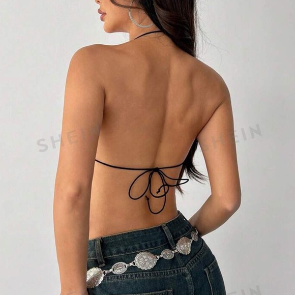 Women's Backless Tie Hem Sheer Lace Halter Top - Picture 3 of 3